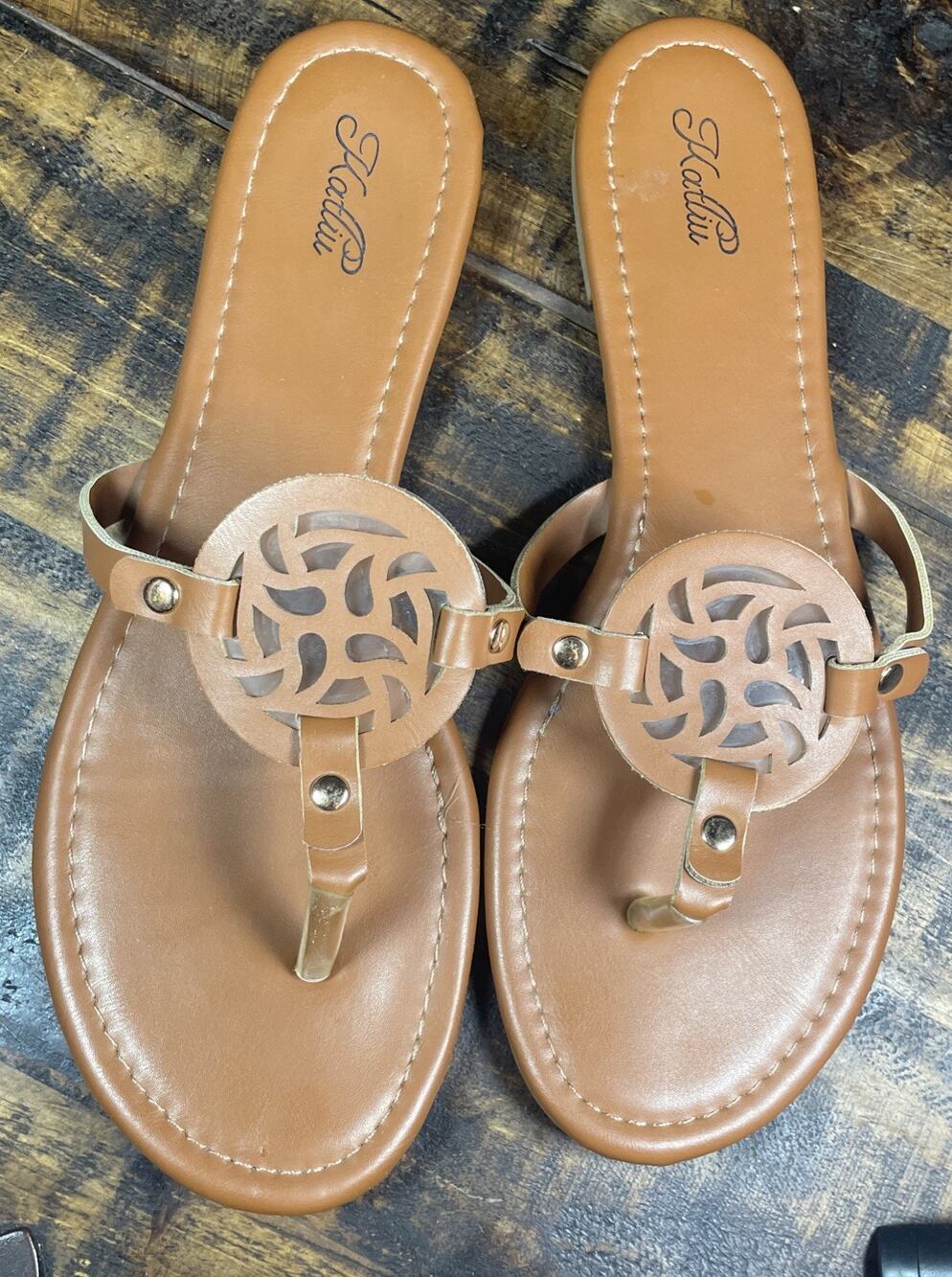Katliu Brown Leather Thong Sandals Women's Size 10 Comfort Slip On Casual